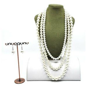 Faux Pearl Triple-Strand Necklace with Matching Earrings Set Natural Color